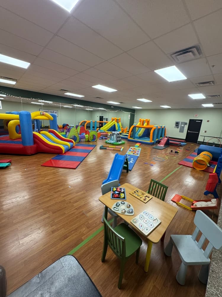 Large play space with bounce houses and slides for party fun